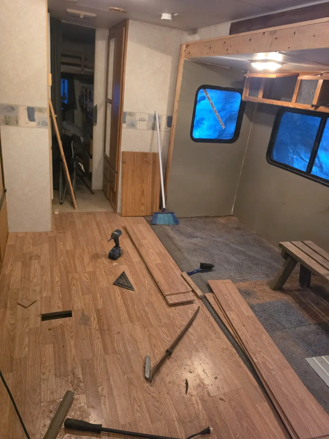 Updated camper interior with replacement flooring nearing completion