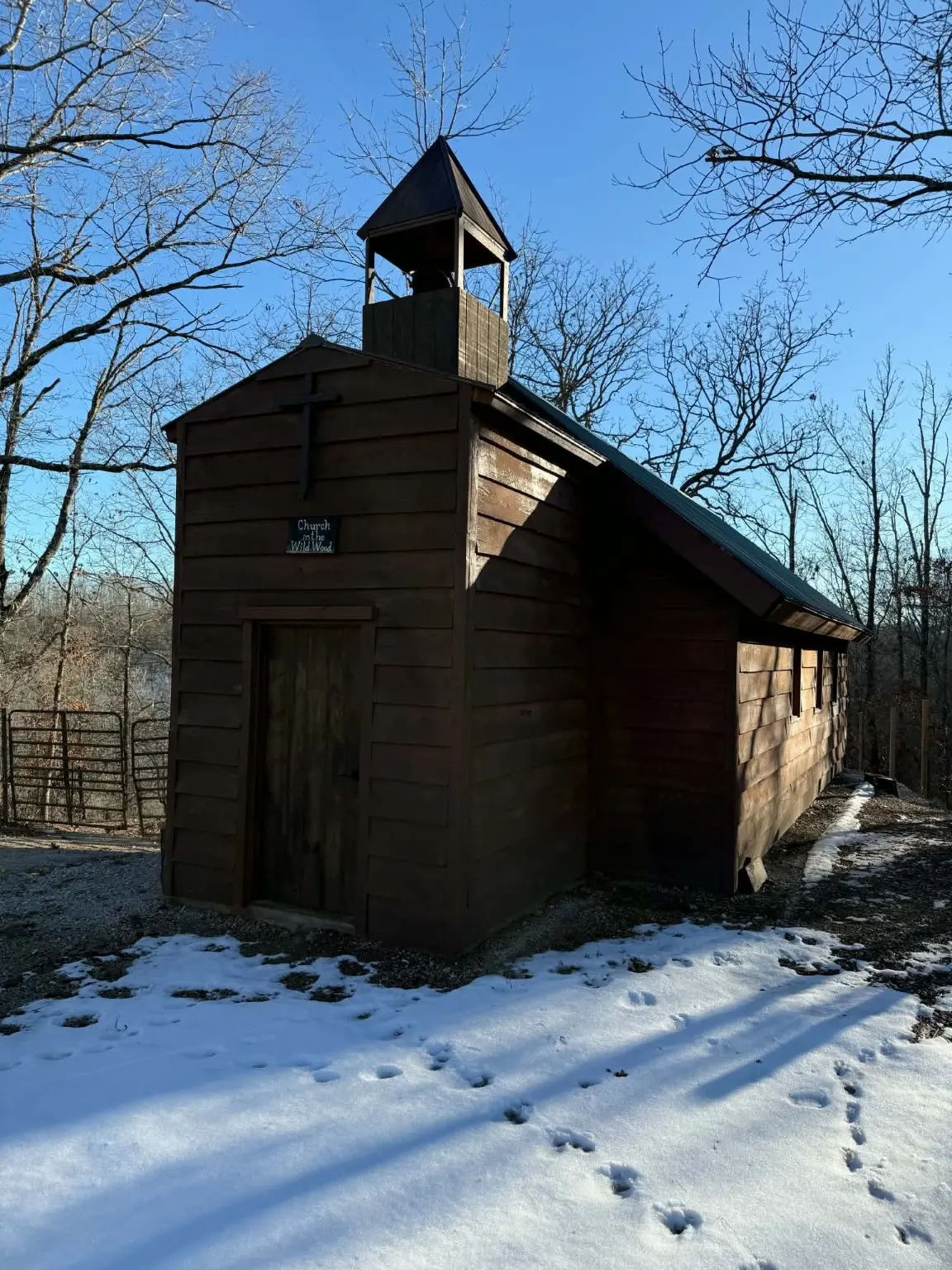 Finished front and side of the 1800s-inspired custom church in winter