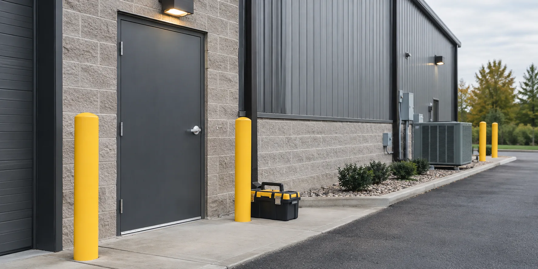 Illustrative commercial service entrance and property-maintenance setting