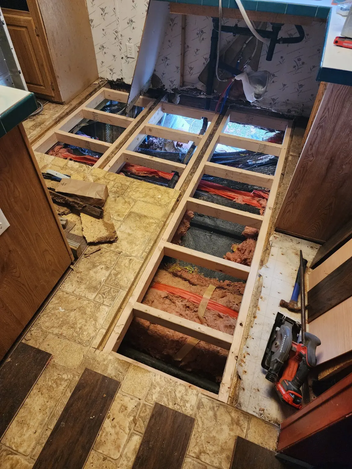 Kitchen floor structure being reframed