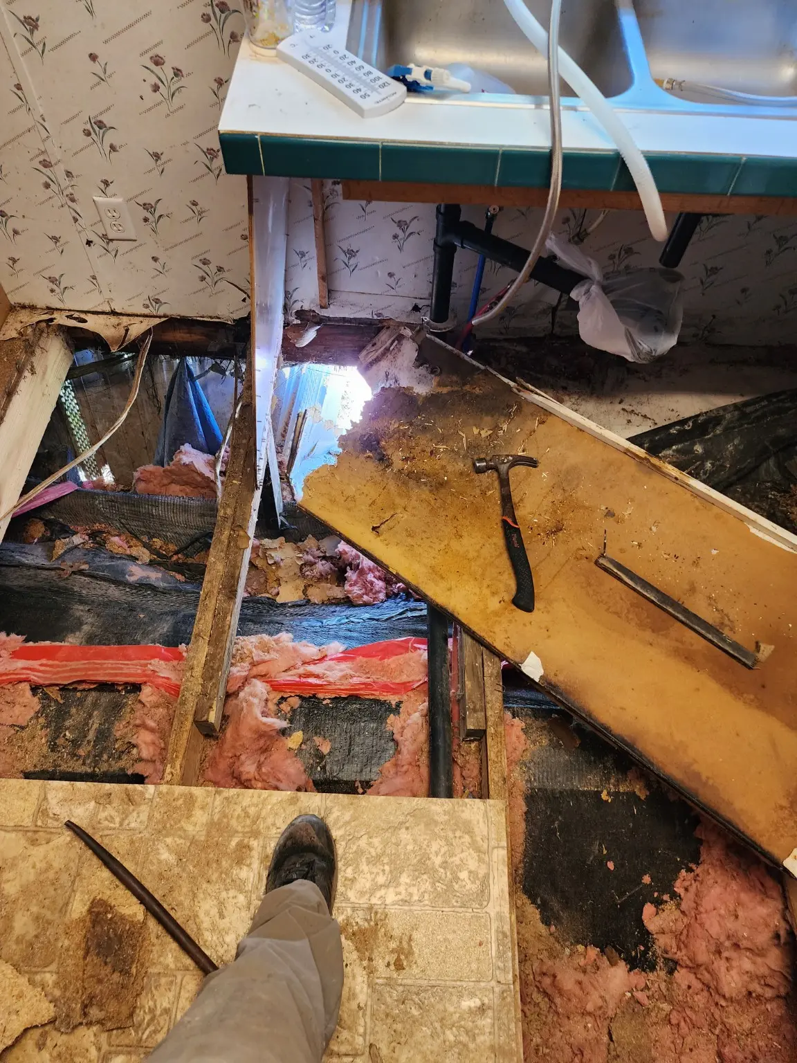 Hidden kitchen water damage exposed beneath the floor